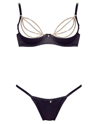 Soutien-gorge sexy demi-seins en satin avec chainette et string