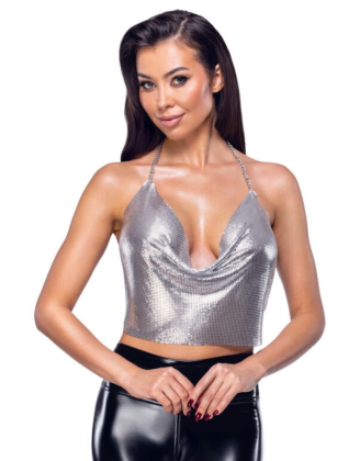 Top métallisé argenté à chaînes