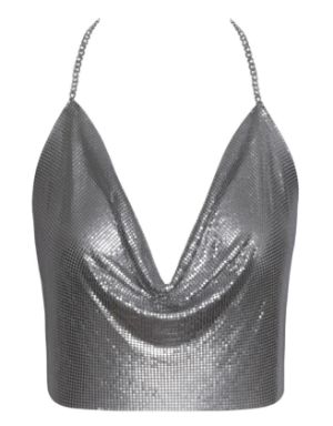 Top métallisé argenté à chaînes