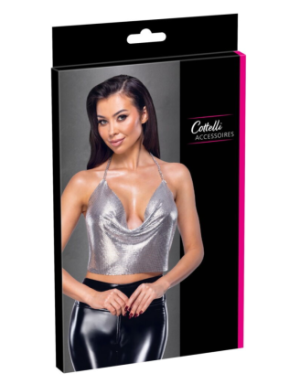 Top métallisé argenté à chaînes