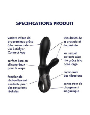Vibromasseur rabbit noir USB, chauffant et connecté Heat Climax+  Satisfyer