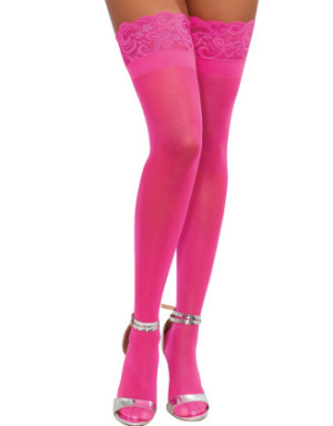 Bas roses nylon autofixants jarretières dentelle