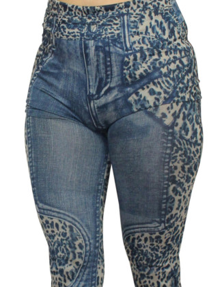 Legging bleu effet jean délavé imprimé léopard