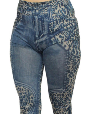 Legging bleu effet jean délavé imprimé léopard