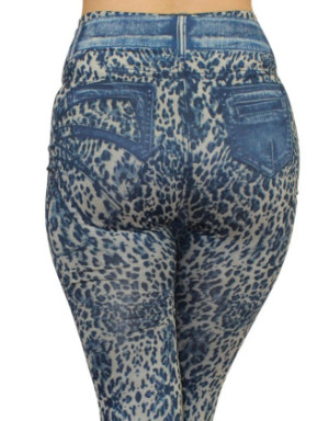 Legging bleu effet jean délavé imprimé léopard