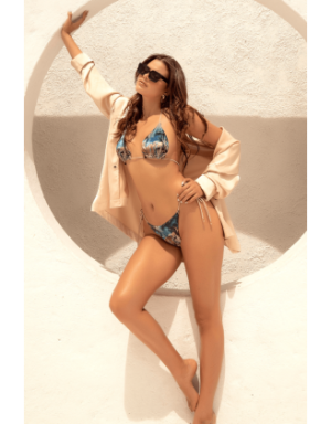 Bikini Triangle Imprimé Satiné Bleu & Beige