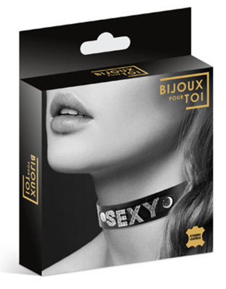 Collier en cuir noir SM avec Sexy en strass
