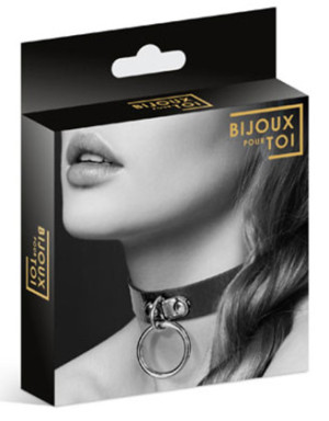 Collier en cuir noir SM avec anneau métal argenté pour laisse