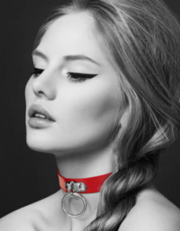 Collier en cuir rouge SM avec anneau métal argenté pour laisse