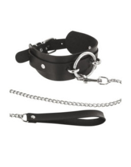Collier fétichiste large anneau métal et laisse