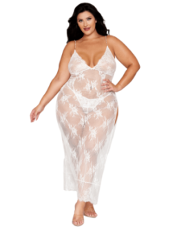 Nuisette longue blanche grande taille en dentelle florale, string assorti - DG13667XWHT