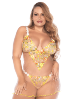 Nuisette grande taille transparente brodée jaune et string