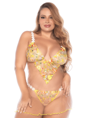 Nuisette grande taille transparente brodée jaune et string