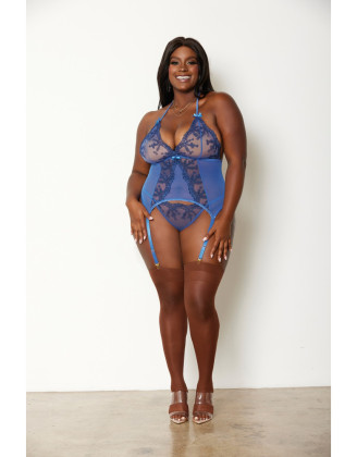 Ensemble 2 pièces grande taille bleu bustier porte jarretelles et string