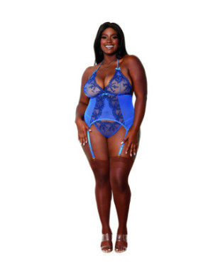 Ensemble 2 pièces grande taille bleu bustier porte jarretelles et string