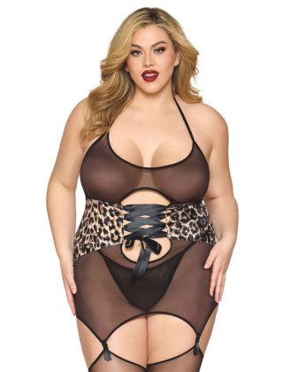 Guépière grande taille en fine résille avec serre taille à laçage et porte jarretelles