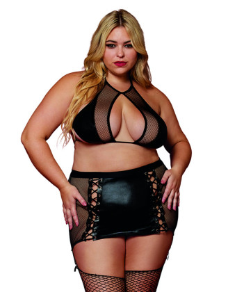 Soutien gorge et jupe porte jarretelles grande taille en résille et simili cuir