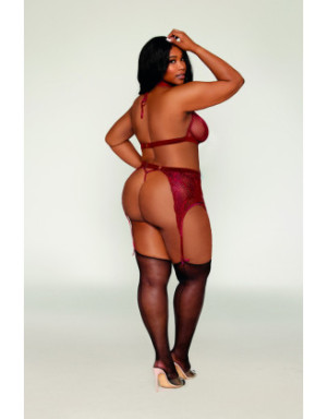 Ensemble 4 pièces grande taille soutien gorge, tour de cou, string et porte jarretelles rouge