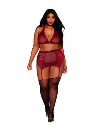 Ensemble 4 pièces grande taille soutien gorge, tour de cou, string et porte jarretelles rouge