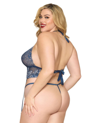 Soutien porte jarretelles grande taille et string en dentelle florale bleue