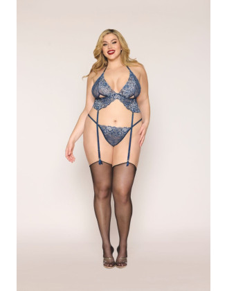 Soutien porte jarretelles grande taille et string en dentelle florale bleue
