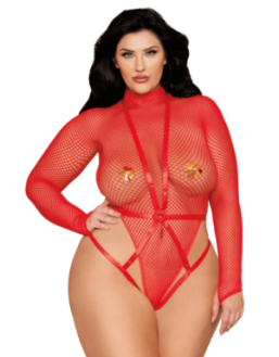 Ensemble 2 pièces grande taille, bodystring résille rouge et harnais