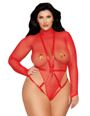 Ensemble 2 pièces grande taille, bodystring résille rouge et harnais