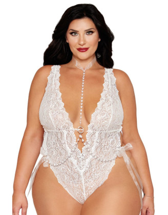 Ensemble 2 pièces grande taille, body dentelle blanc et chainettes bijou de corps perles blanches