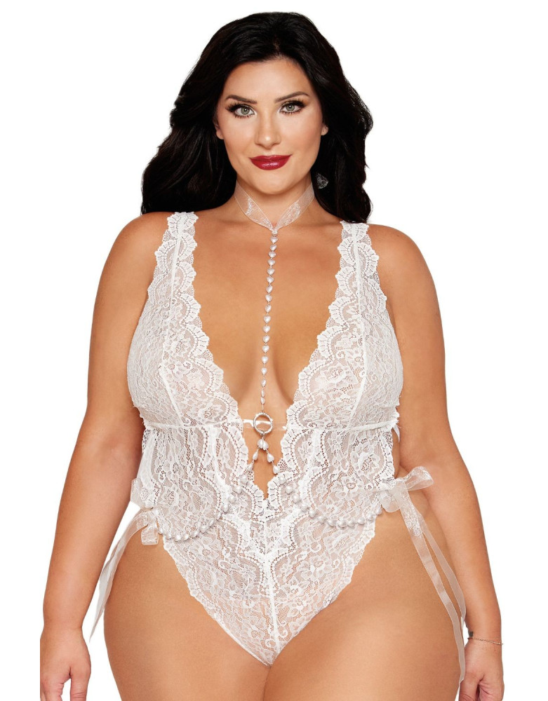 Ensemble 2 pièces grande taille, body dentelle blanc et chainettes bijou de corps perles blanches