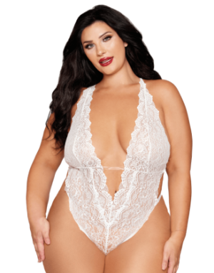 Ensemble 2 pièces grande taille, body dentelle blanc et chainettes bijou de corps perles blanches