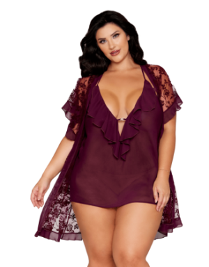 Nuisette et peignoir grande taille couleur aubergine