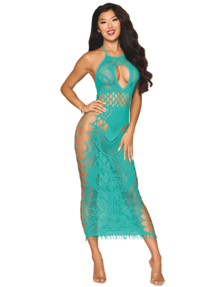 Robe longue résille fantaisie turquoise