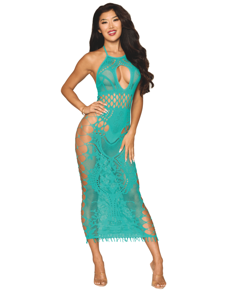 Robe longue résille fantaisie turquoise