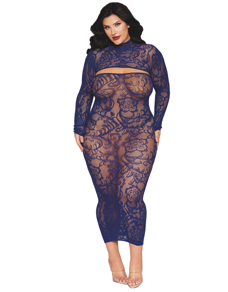 Ensemble 2 pièces grande taille top manches longues et robe bleu marine