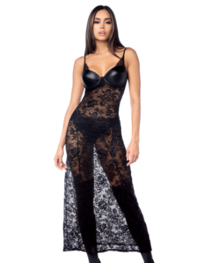 Robe longue sexy en dentelle & cuir avec string et porte-jarretelles 