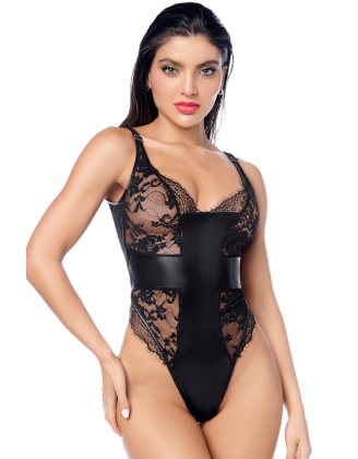 Body sexy noir dentelle & similicuir 