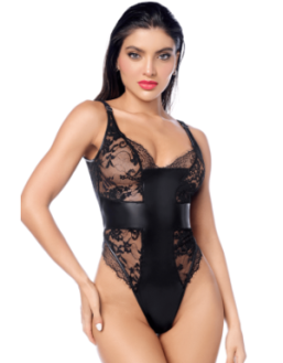 Body sexy noir dentelle & similicuir 