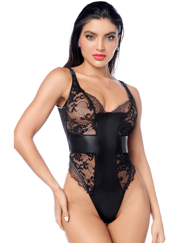 Body sexy noir dentelle & similicuir 