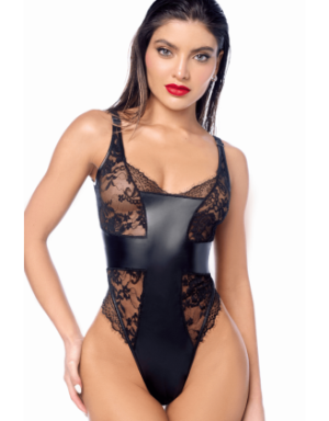 Body sexy noir dentelle & similicuir 