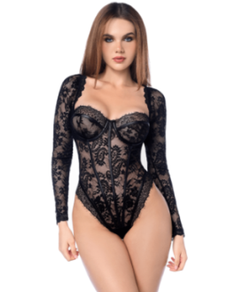 Body sexy manches longues en dentelle gothique et détails effet cuir 