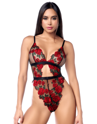 Teddy taille haute en résille noire brodée de roses avec ceinture