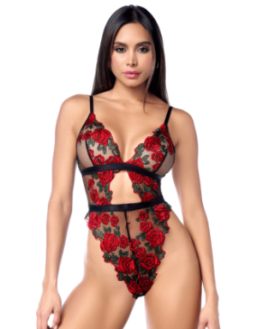 Teddy taille haute en résille noire brodée de roses avec ceinture