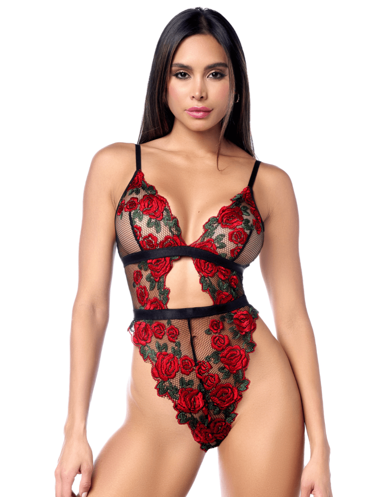 Teddy taille haute en résille noire brodée de roses avec ceinture