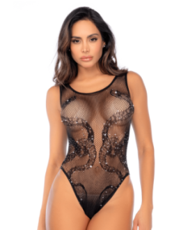 Body noir en résille motif serpent, orné de strass, ouvert à l’entrejambe - Mapalé