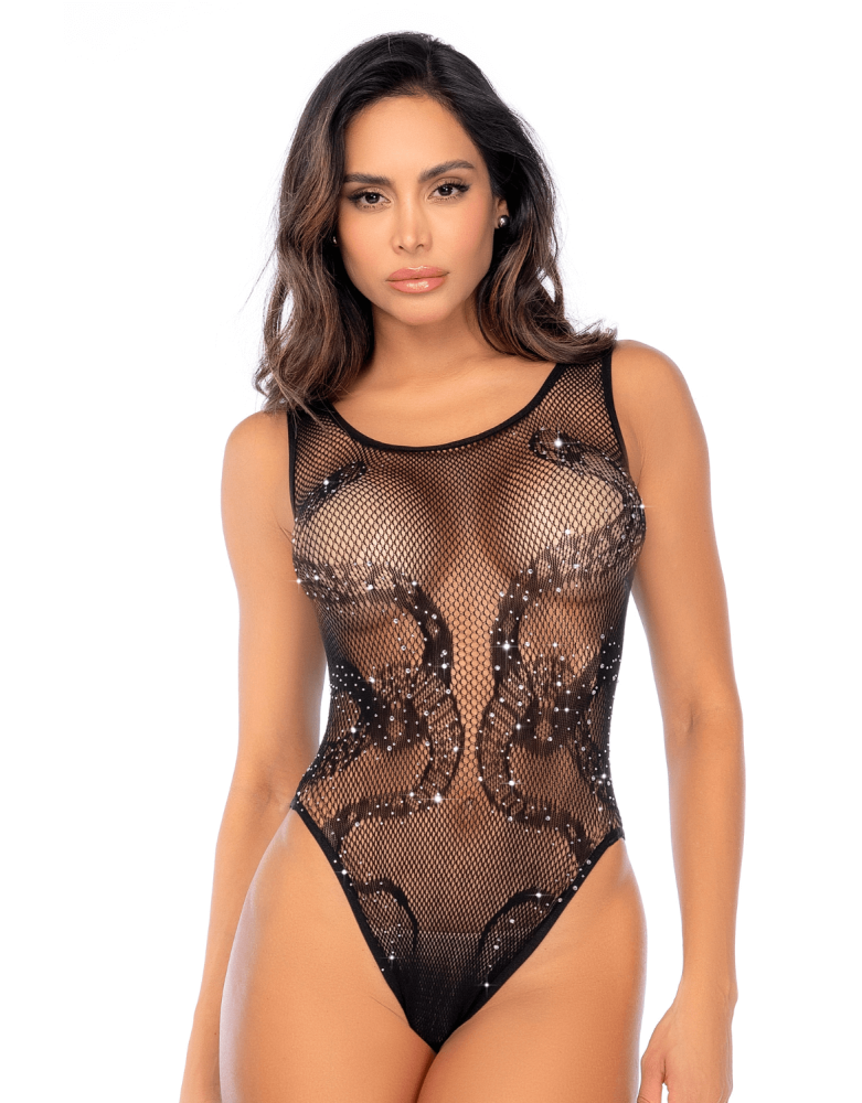 Body noir en résille motif serpent, orné de strass, ouvert à l’entrejambe - Mapalé