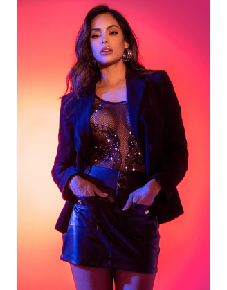 Body noir en résille motif serpent, orné de strass, ouvert à l’entrejambe - Mapalé