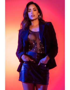 Body noir en résille motif serpent, orné de strass, ouvert à l’entrejambe - Mapalé