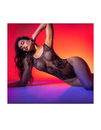 Body noir en résille motif serpent, orné de strass, ouvert à l’entrejambe - Mapalé