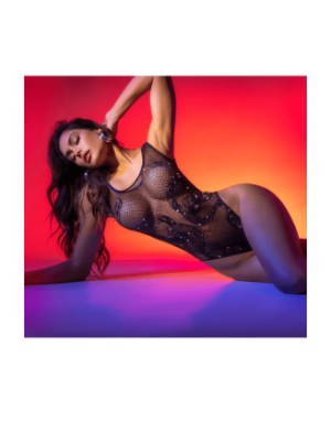 Body noir en résille motif serpent, orné de strass, ouvert à l’entrejambe - Mapalé