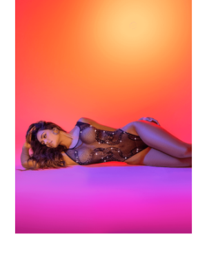 Body noir en résille motif serpent, orné de strass, ouvert à l’entrejambe - Mapalé